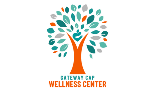 Logo for Gateway Cap Wellness Center, orange, teal, and grey tree