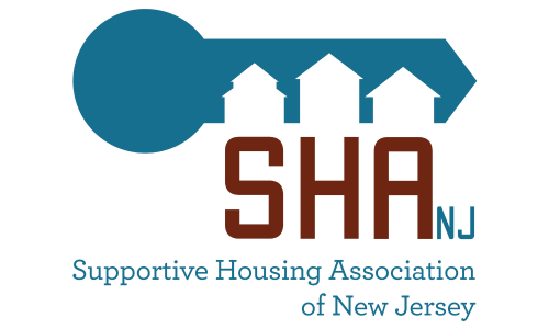 SHA NJ logo for Supportive Housing Association NJ, features a blue key with the spaces between the teeth in the shapes of houses