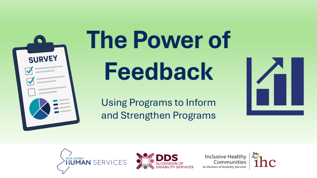 Title Slide of Power of feedback presentation with images of a survey and chart in the background.